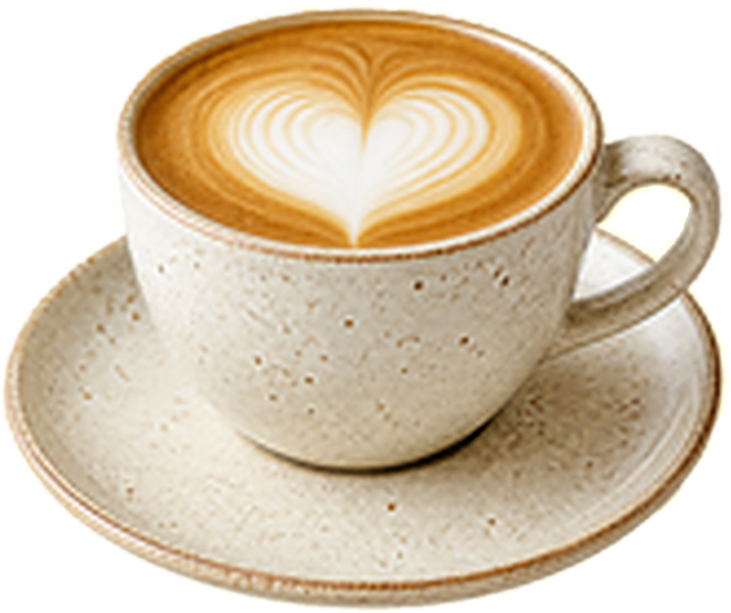 Flat White mit Latte-Art-Herz in gesprenkelter Keramiktasse
